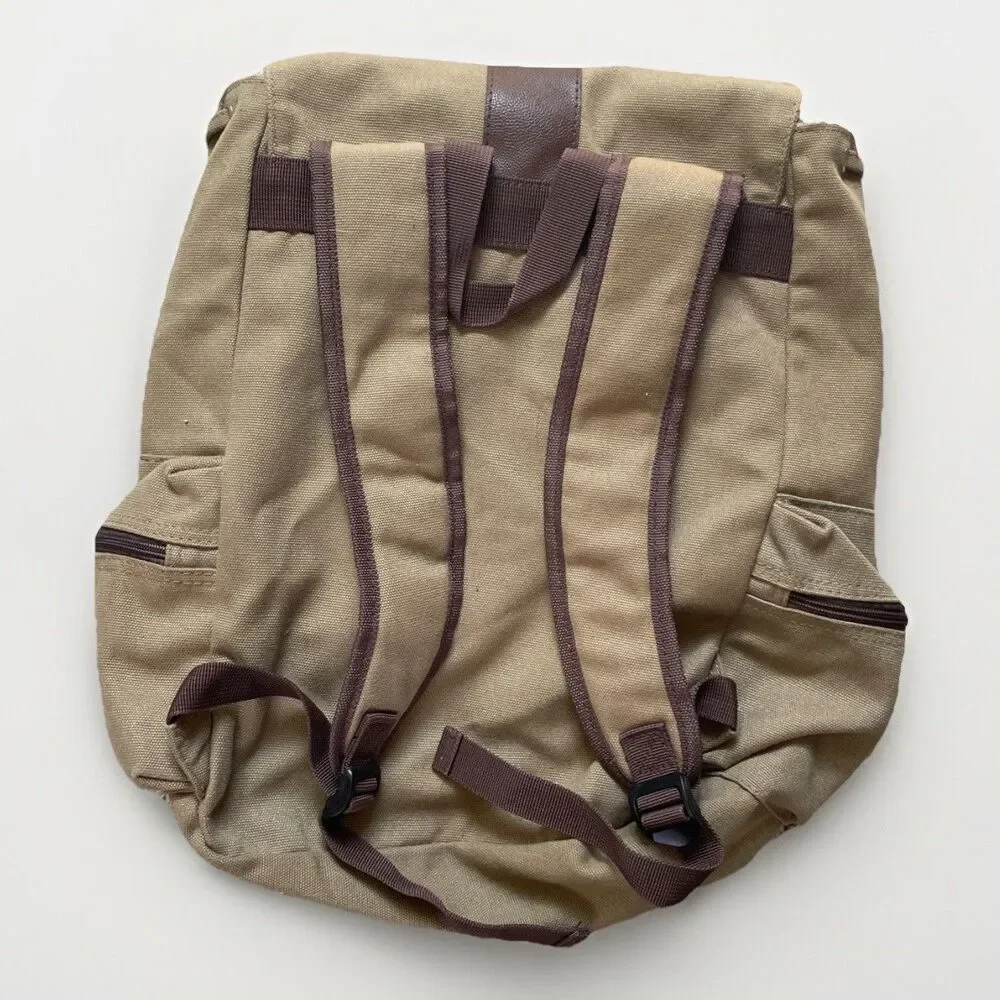 BELLA RUSSO Backpack Unisex Khaki Brown Canvas‎ Drawstring Snap Zippered Pockets